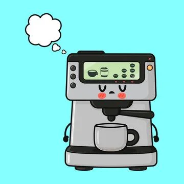 Coffee machine cartoon character thinking with thought bubble Stock Illustration