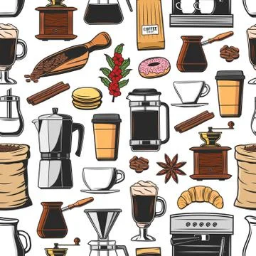 Coffee machine, cup and grinder seamless pattern Illustrazione stock