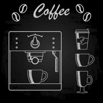 Coffee machine, cup and paper Cup for coffee, chalk on black Board. Vector il Stock Illustration