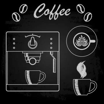 Coffee machine, cup for coffee, chalk on black Board. Vector illustration. Stock Illustration