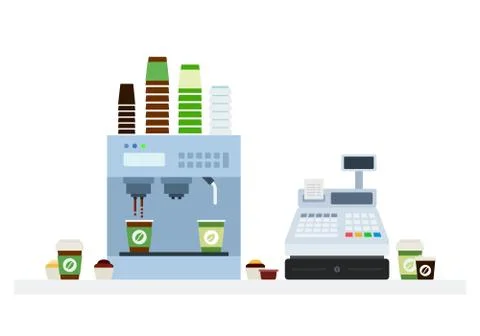 Coffee machine with cups and cash register flat isolated Stock Illustration