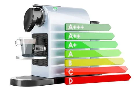 Coffee machine with energy efficiency chart, 3D rendering Coffee machine w... Stock Photos