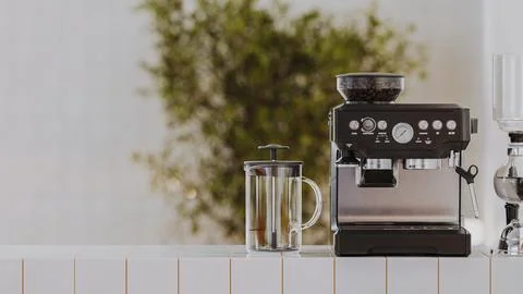 Coffee machine with french press on white tiled counter with blured cafe ba.. Stock Illustration