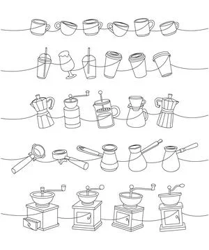 Coffee machine, gooseneck kettle, grinder, Italian coffee maker, cups Stock Illustration