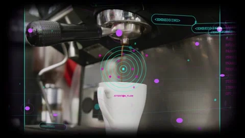 Coffee machine initiating extraction, cup receiving stream while HUD data Stock Footage 333061381