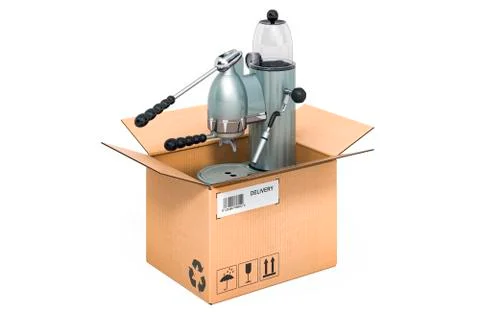 Coffee machine inside cardboard box, delivery concept. 3D rendering Stock Illustration