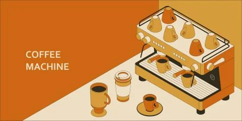 Coffee machine isometric concept with different cups. Vector illustration Stock Illustration