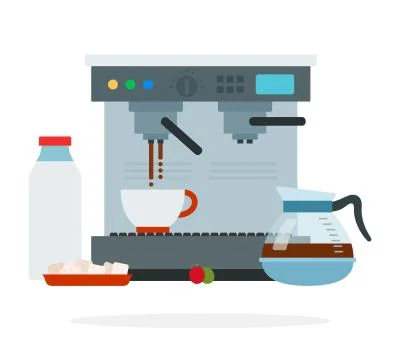 Coffee machine makes coffee, coffee jug and sugar cubes vector flat isolated Stock Illustration