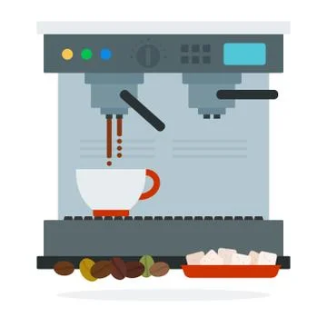 Coffee machine makes coffee coffee beans and sugar cubes vector flat isolated Stock Illustration