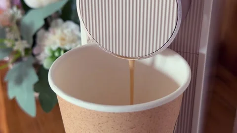 Coffee machine makes coffee in craft paper cup Stock Footage 341849437