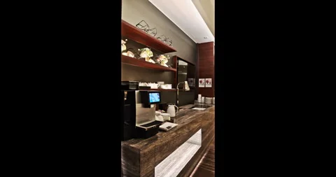 Coffee machine on marble counter, luxury lounge interior, editorial Stockbeeldmateriaal 343662853