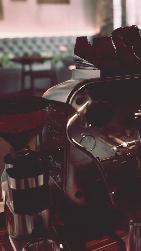 Coffee machine in modern cafe during busy morning hours serving fresh brew Stock Footage 335098227