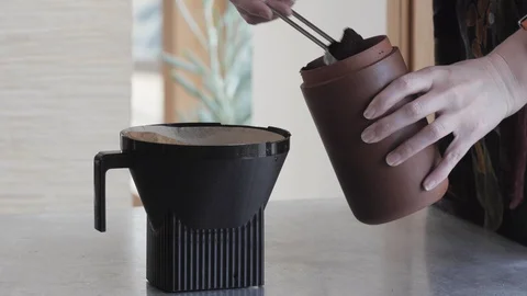 Coffee Machine Preparation - Woman Scooping Coffee 4k Closeup Stock Footage 129443618
