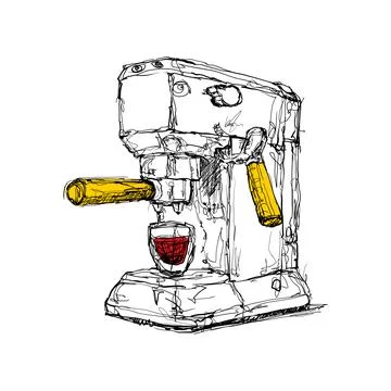 Coffee machine prepares a shot of espresso with red cup below during mornin.. Stock Illustration