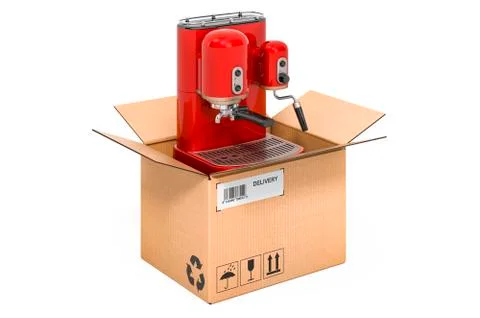 Coffee machine retro design inside cardboard box, delivery concept. 3D render Stock Illustration