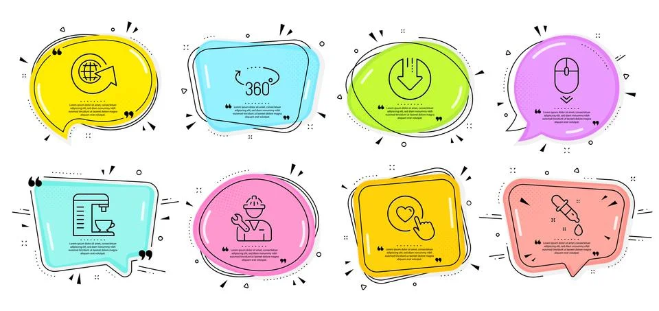 Coffee machine, Scroll down and Chemistry pipette icons set. Download arrow, 360 Stock Illustration