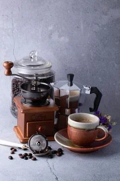 Coffee machine set, coffee kettle, coffee grinder Stock Photos