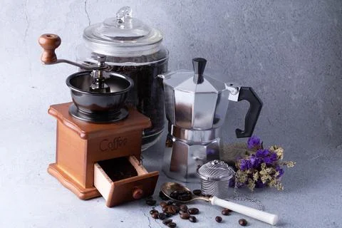 Coffee machine set, coffee kettle, coffee grinder Stock Photos