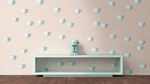 Coffee machine on sideboard in front of wallpaper with cup pattern, 3D Rendering Stock Illustration