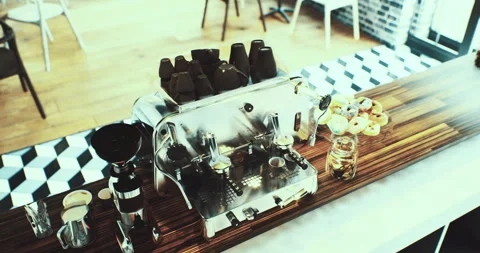 Coffee machine stands ready to brew in a trendy cafe amid cozy atmosphere Stock Footage 321243698