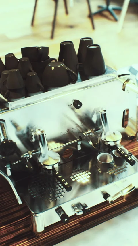 Coffee machine stands ready to brew in a trendy cafe amid cozy atmosphere Stock Footage 324497741
