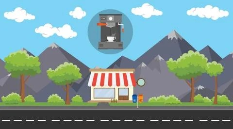 Coffee machine store business on beside street with mountain view as backgrou Stock Illustration