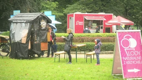 Coffee Machine Tent in a rainy Park - Autumn in Wroclaw, Poland Stock Footage 80226302