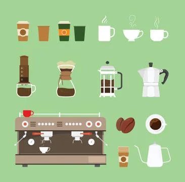 Coffee machine tools equipment set collection with flat design style - vector Stockillustratie