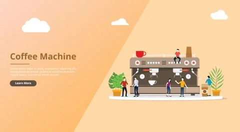 Coffee machine for website template with people and cup of warm coffee - vect Stock Illustration