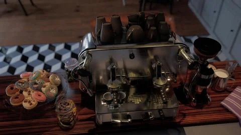 Coffee Machine on Wooden Table in Modern Cafe Stock Illustration