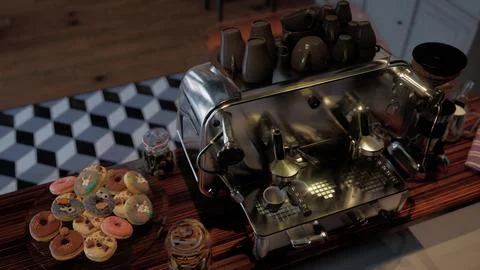 Coffee Machine on Wooden Table in Modern Cafe Stock Illustration