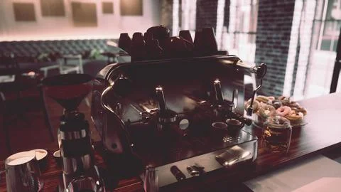 Coffee Machine on Wooden Table in Modern Cafe Stock Illustration