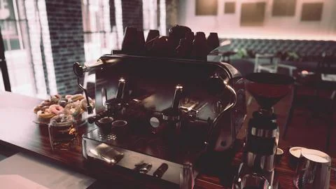 Coffee Machine on Wooden Table in Modern Cafe Stock Illustration