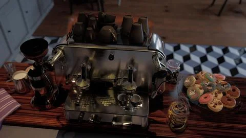 Coffee Machine on Wooden Table in Modern Cafe Interior Stock Illustration