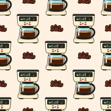 Coffee maker and beans cute pattern Illustrazione stock