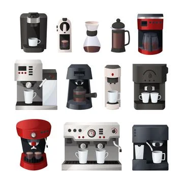 Coffee maker. Cartoon espresso machine and filtered glasses. Morning drink Stock Illustration