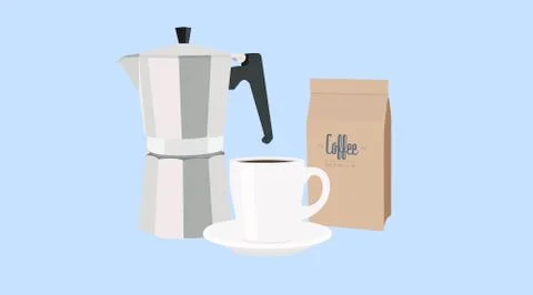 Coffee Maker, a Coffe Cup and a Coffee Mockup Package Illustrazione stock