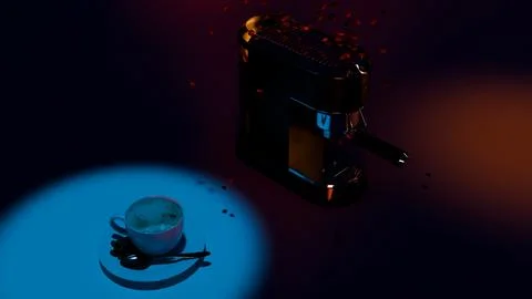 Coffee maker, cup and beans on tabletop with cinematic blue and amber glow Stock Photos