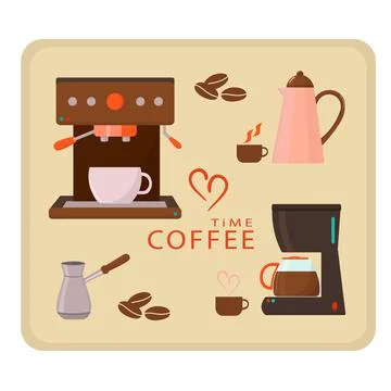 Coffee maker equipment tool set, coffee machine, cup, glass, pot, ibrik, moka Stock Illustration