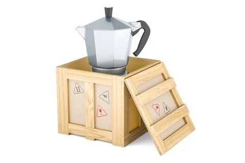 Coffee Maker, Moka Pot inside wooden box, delivery concept. 3D rendering Illustrazione stock