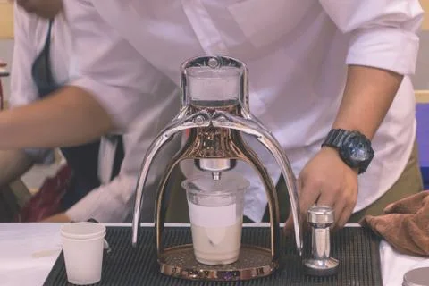 The coffee maker is not modern. Stock Photos