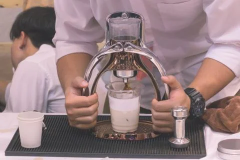 The coffee maker is not modern. Stock Photos