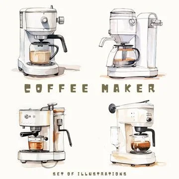 Coffee maker set. Hand drawn vector illustration. Retro style. 스톡 일러스트