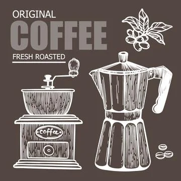 COFFEE MAKER SKETCH Mill Design Label Vector Illustration Set Stock Illustration