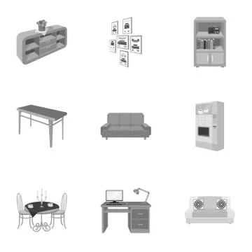 Coffee maker, sofa, mirror, table service in the restaurant and other web icon Stock Illustration