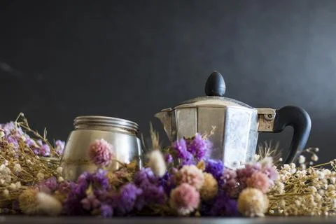 Coffee making concept. Ingredients for making moka coffee. Moka pot with coff Stock-Fotos