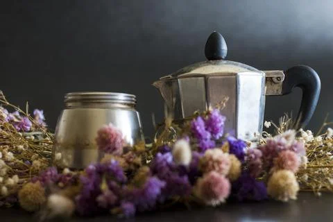 Coffee making concept. Ingredients for making moka coffee. Moka pot with coff Stock Photos