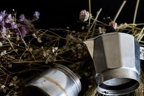 Coffee making concept. Ingredients for making moka coffee. Moka pot with coff Stock Photos