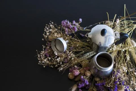 Coffee making concept. Ingredients for making moka coffee. Moka pot with coff Stock Photos