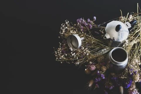 Coffee making concept. Ingredients for making moka coffee. Moka pot with coff Stock-Fotos